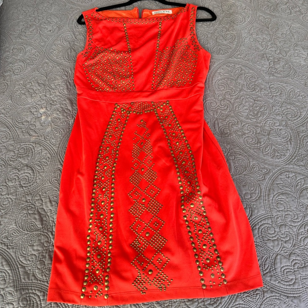 Vibrant Orange Red Embellished Sheath Mini Dress